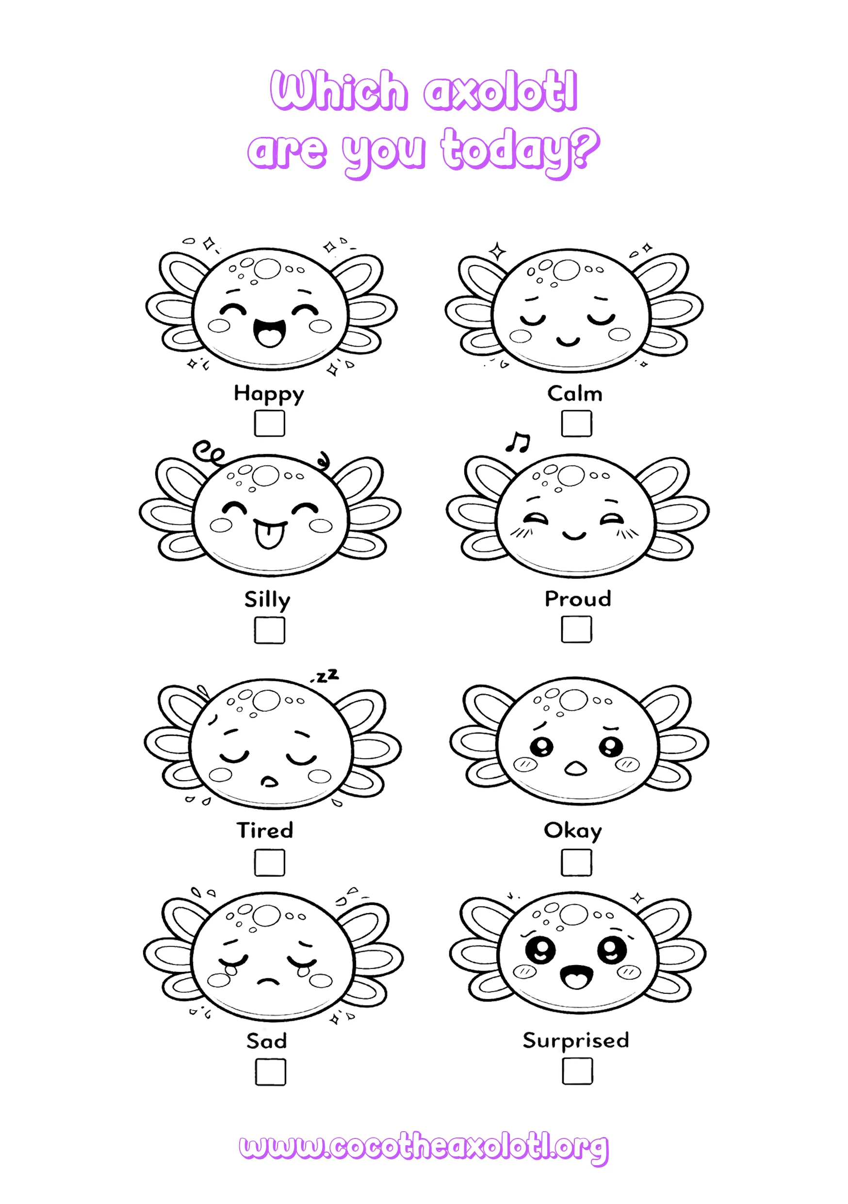 Qual axolote você é hoje - emoções para colorir e imprimir