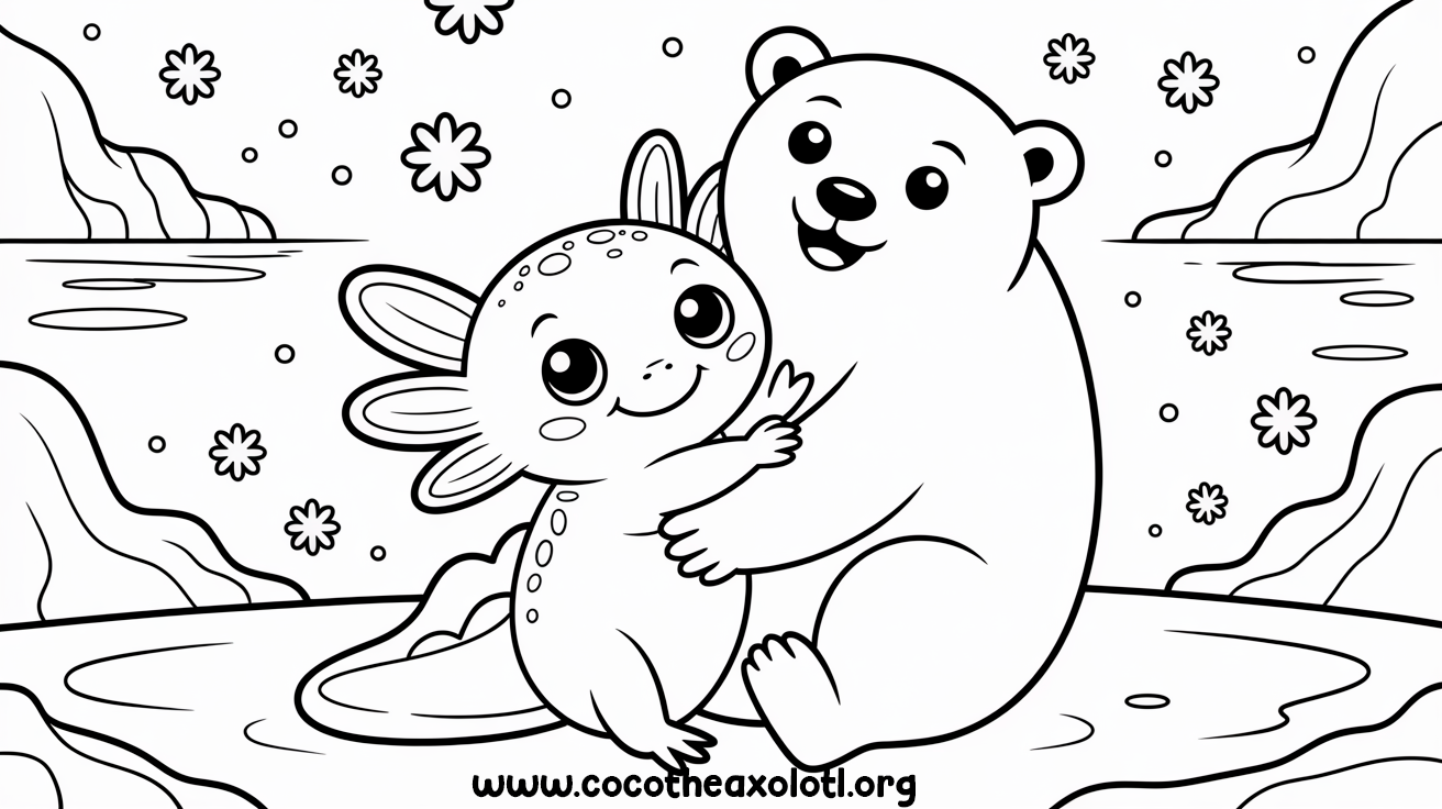 Bear coloring page - polar bear hugging Coco the Axolotl