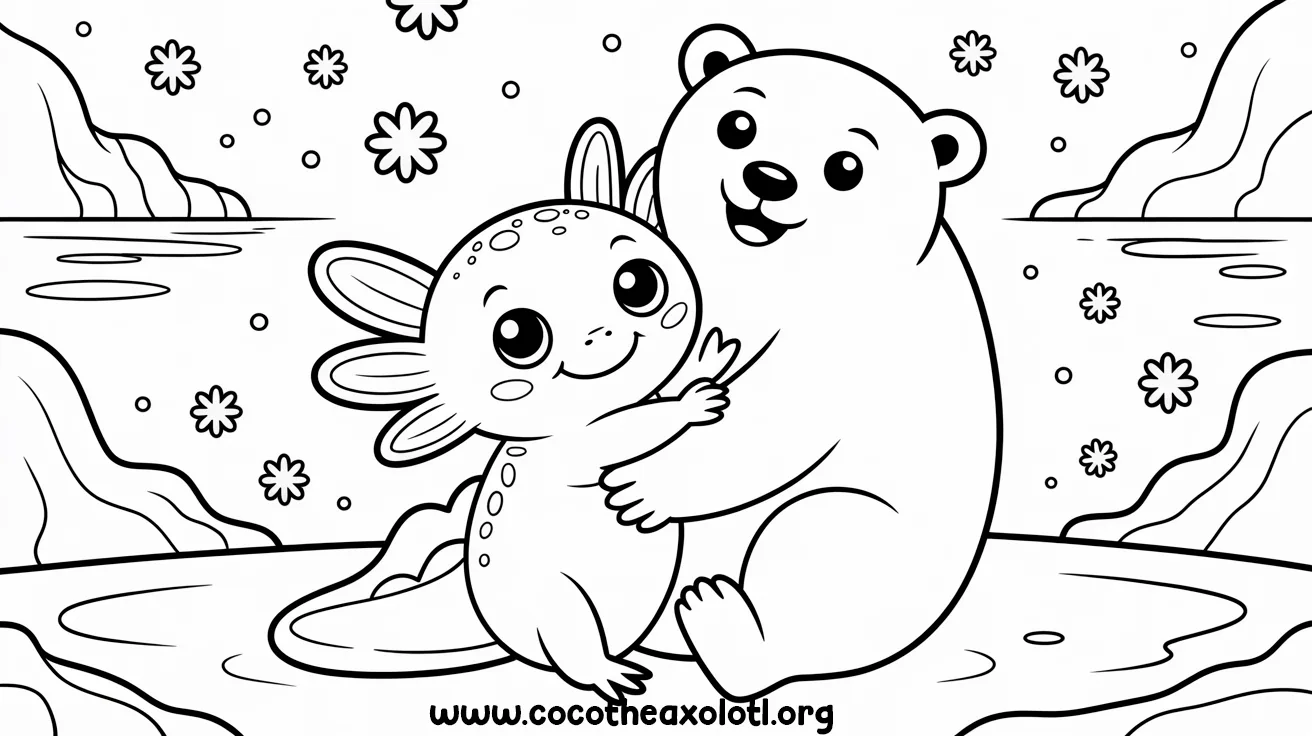 Desenho de urso para colorir - urso polar abraçando Coco, o Axolote