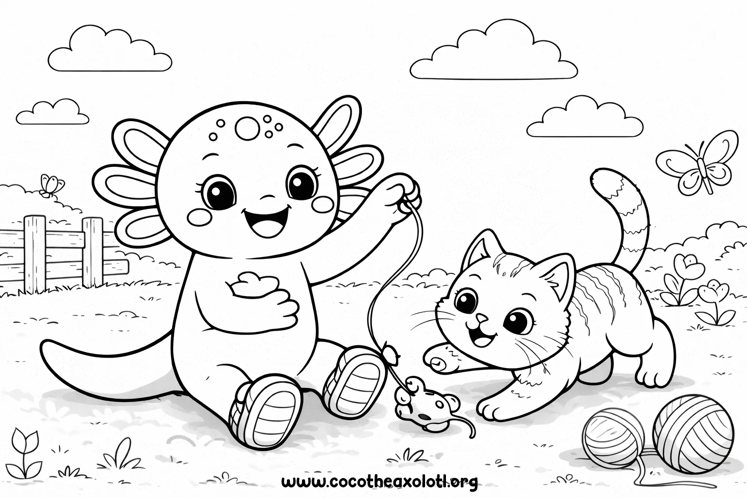 Desenho de gato para colorir - Coco, o Axolotl, brincando com um gatinho em um jardim