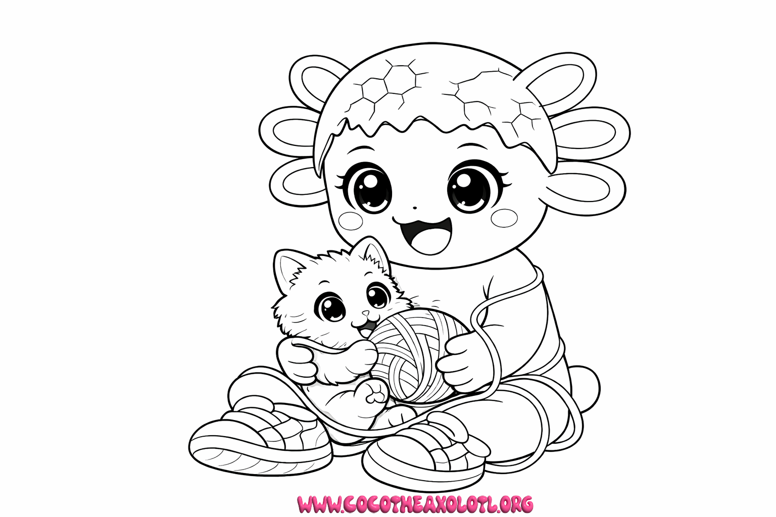 Desenho de gatinho para colorir - Coco, o Axolotl, brincando com um gatinho e lã
