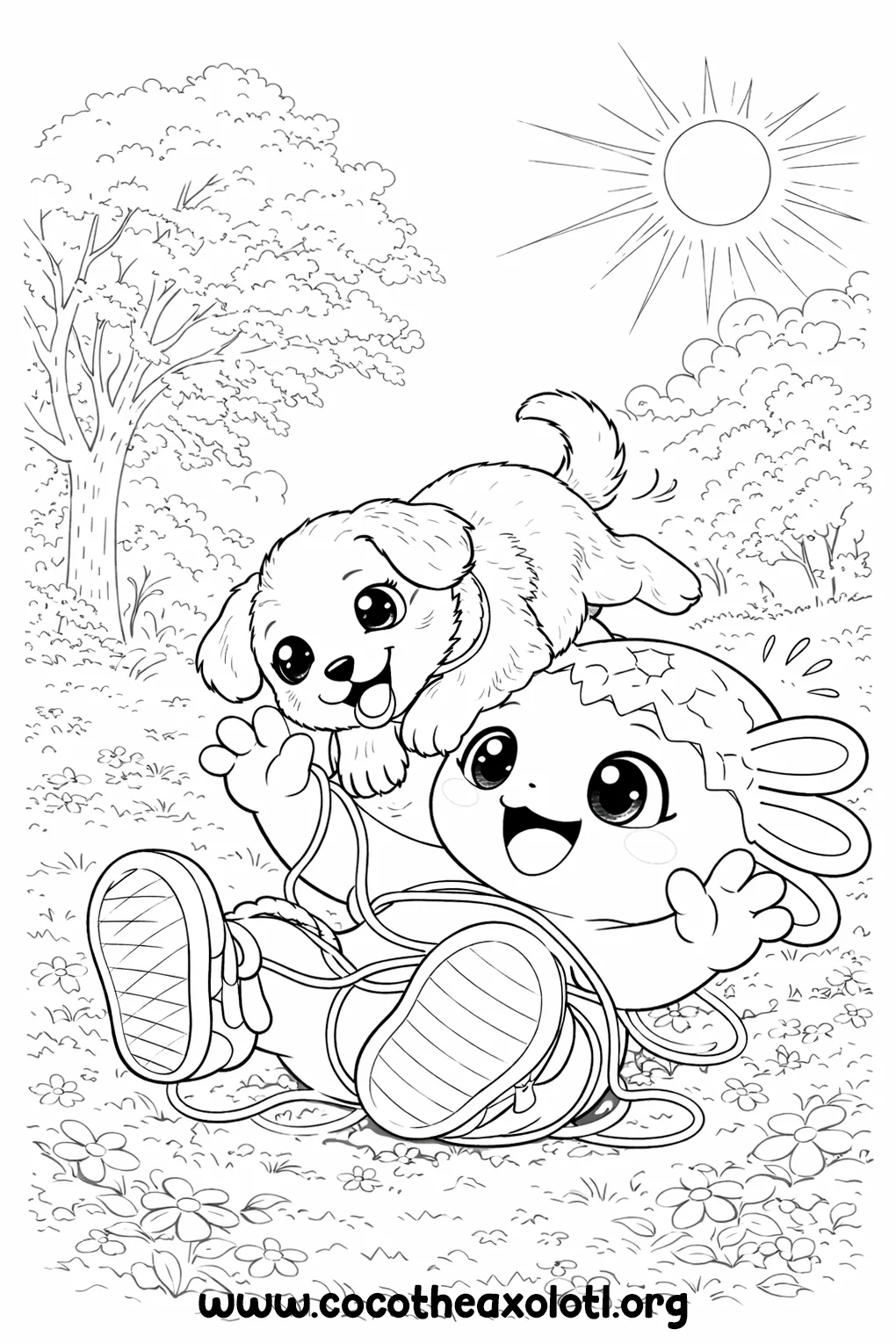 Desenho de cachorrinho para colorir - Coco, o Axolotl, brincando com um cachorrinho