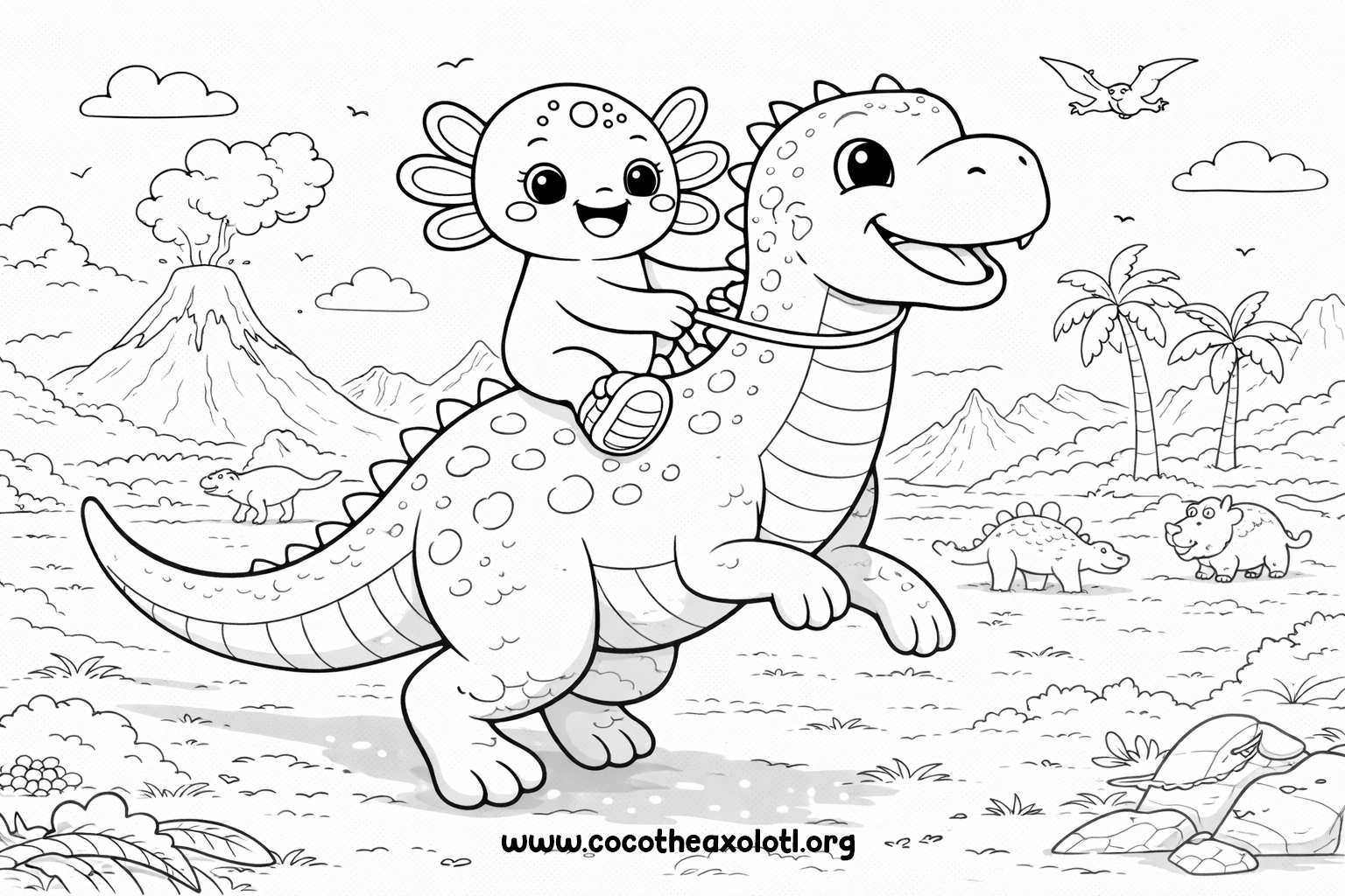 Dinosaur coloring page - Coco the Axolotl riding a T-Rex