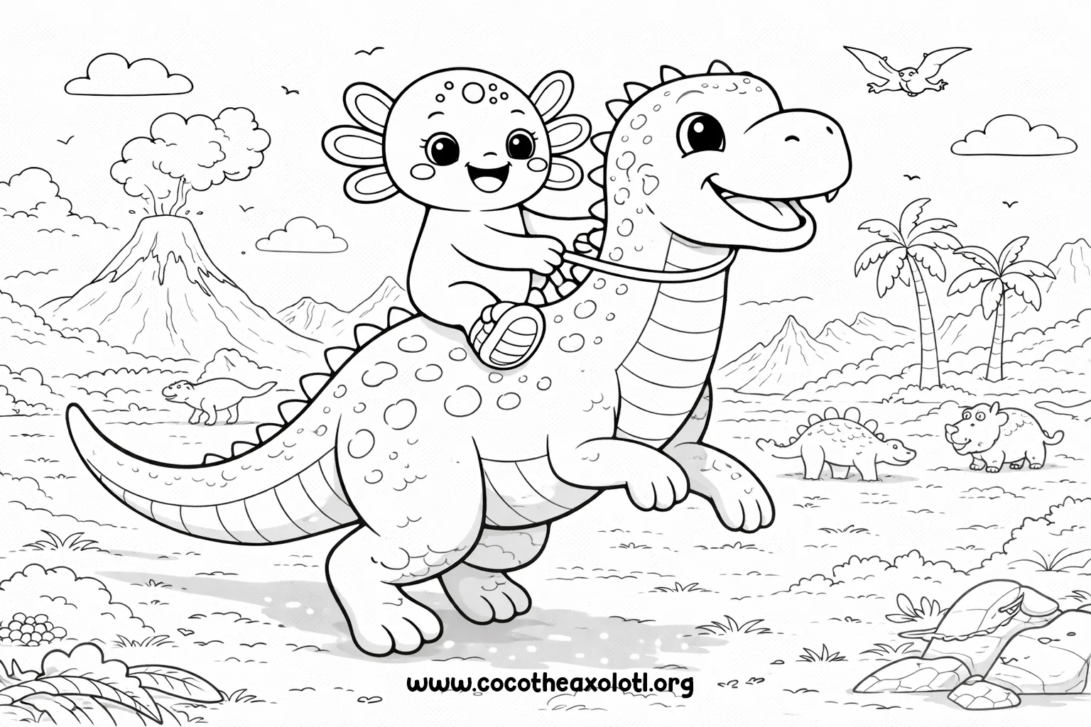 Desenho de dinossauro para colorir - Coco, o Axolotl, montando um T-Rex