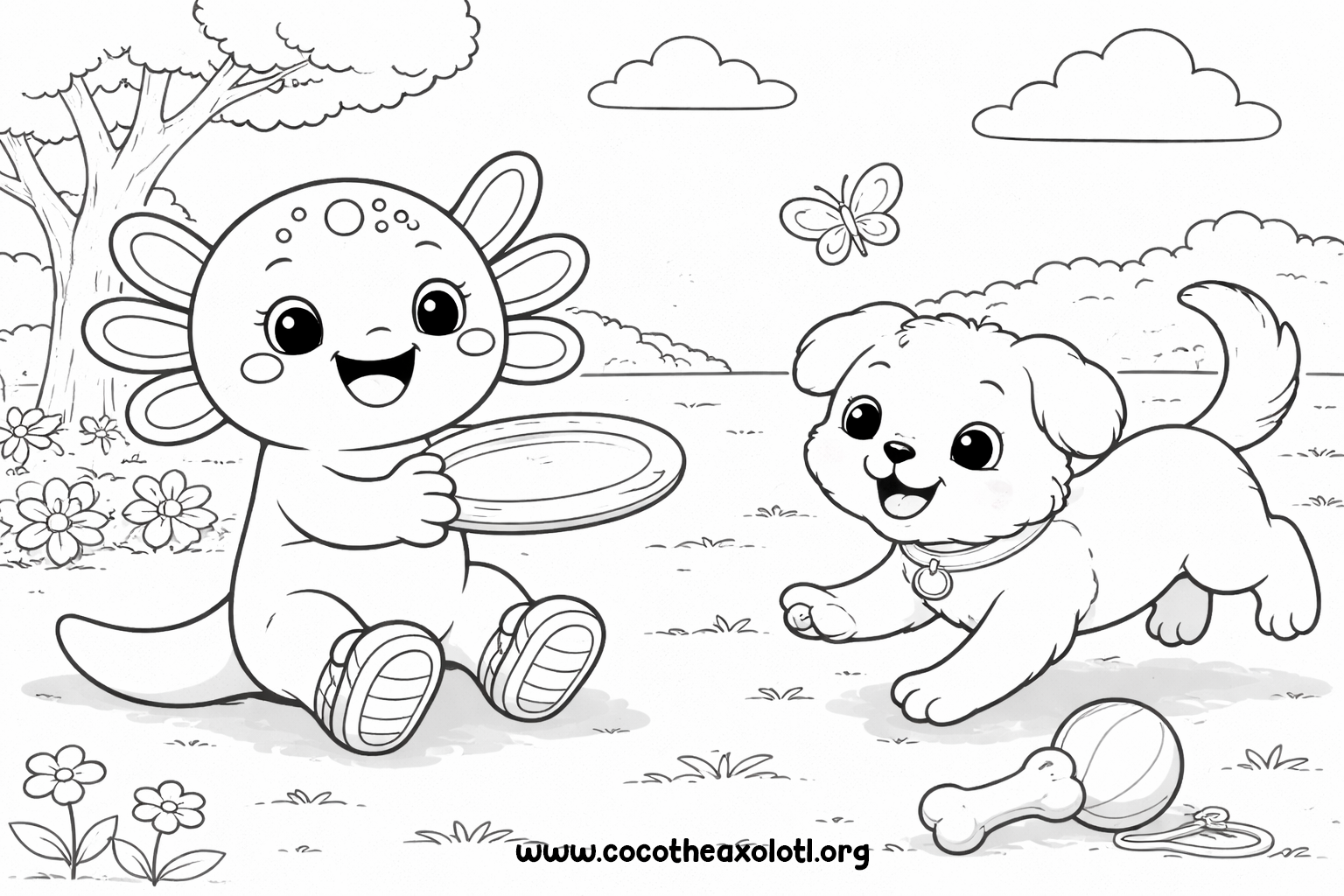 Dog coloring page - Coco the Axolotl playing frisbee with a puppy