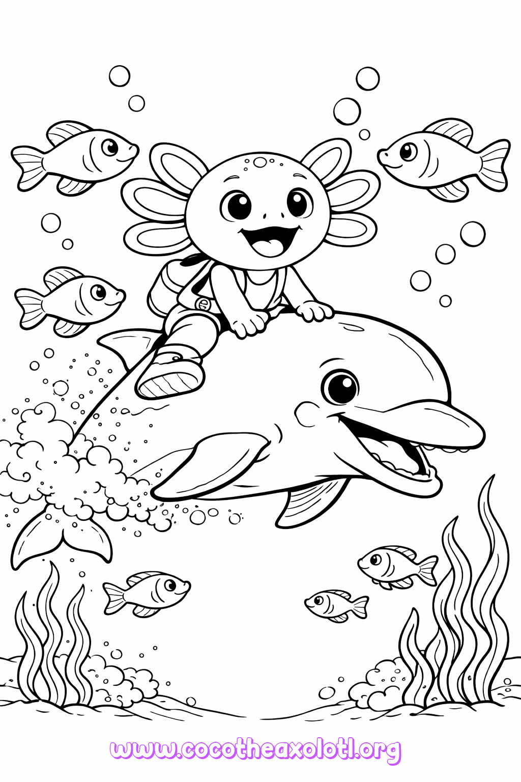 Dolphin coloring page - Coco riding a dolphin underwater