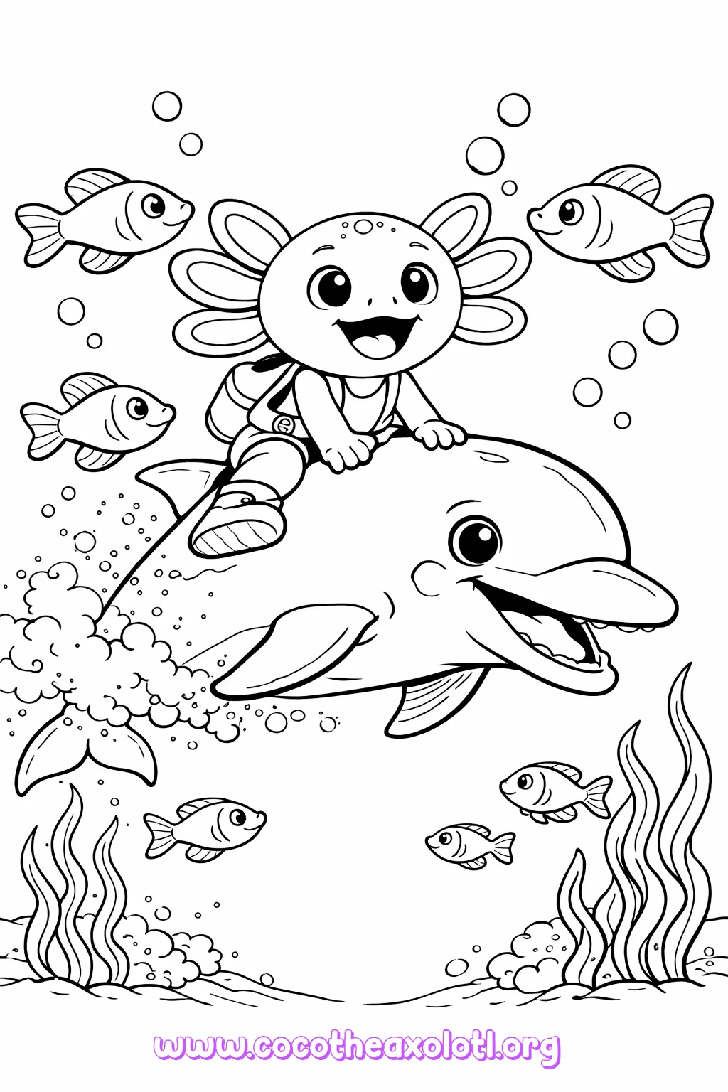 Desenho de golfinho para colorir - Coco montando um golfinho debaixo d'água