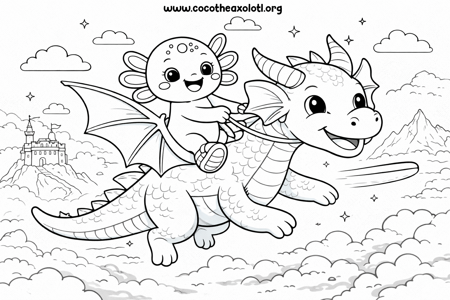 Dragon coloring page - Coco the Axolotl riding a dragon over clouds