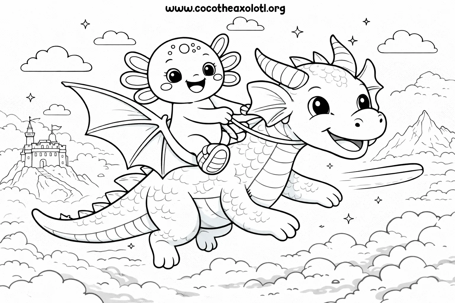 Desenho de dragão para colorir - Coco, o Axolotl, montando um dragão sobre as nuvens