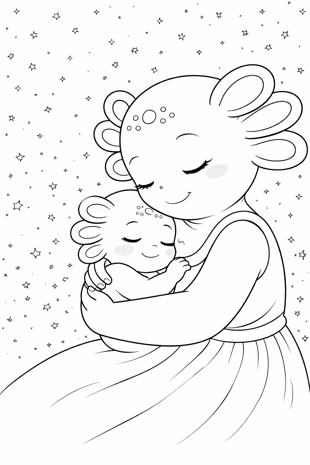 Desenho grátis eu te amo mais - mãe axolote e bebê sob as estrelas