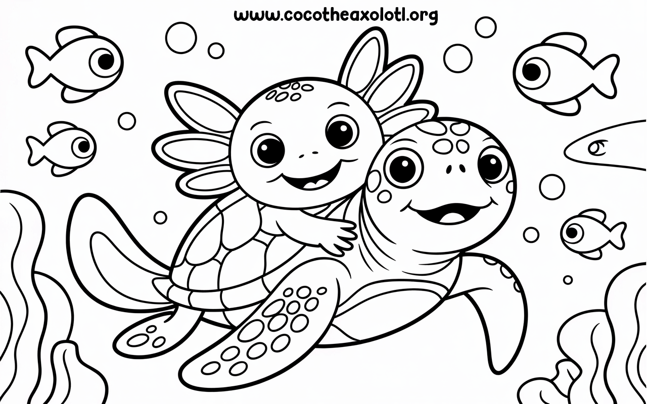Turtle coloring page - Coco riding a sea turtle underwater