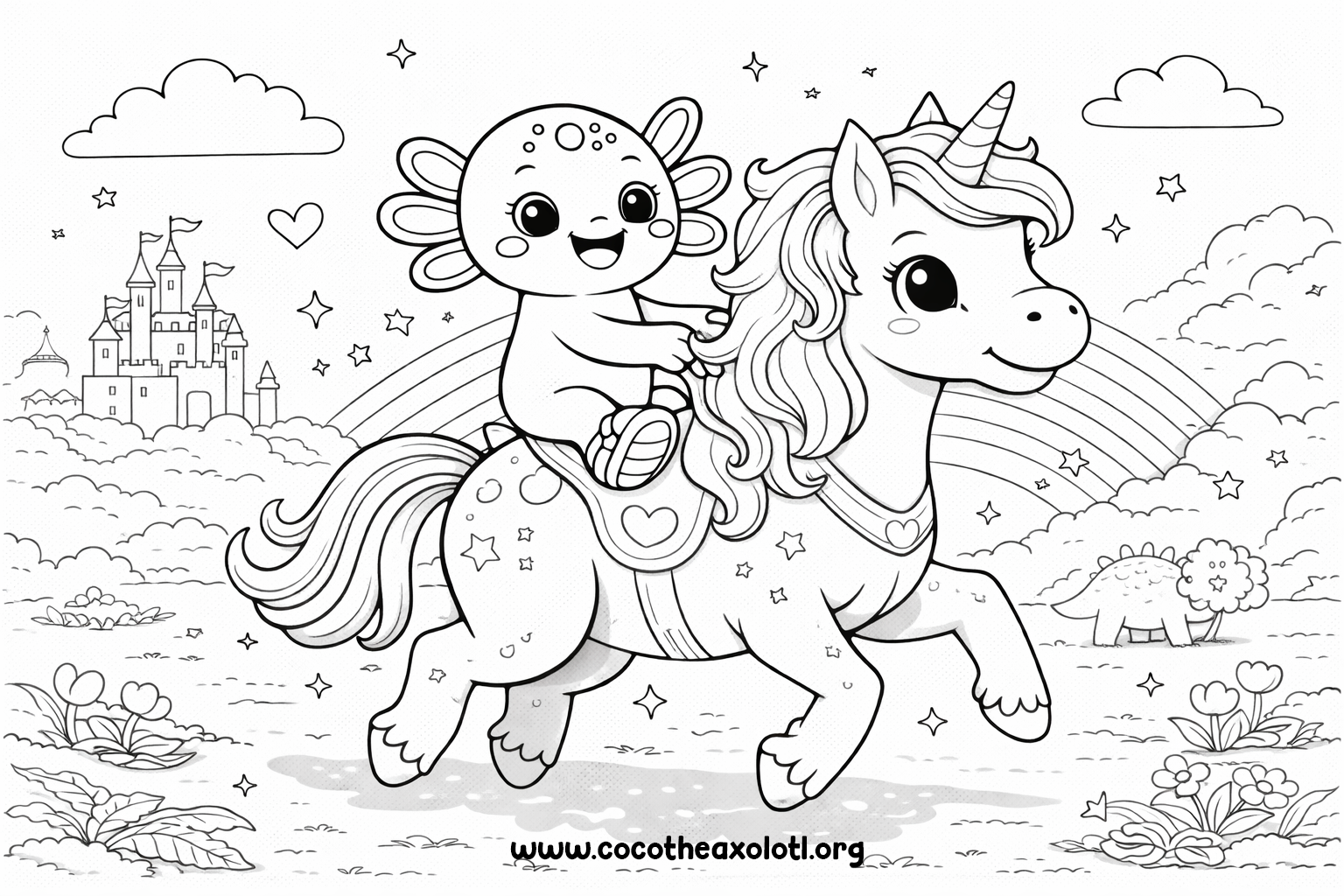 Unicorn coloring page - Coco the Axolotl riding a unicorn under a rainbow