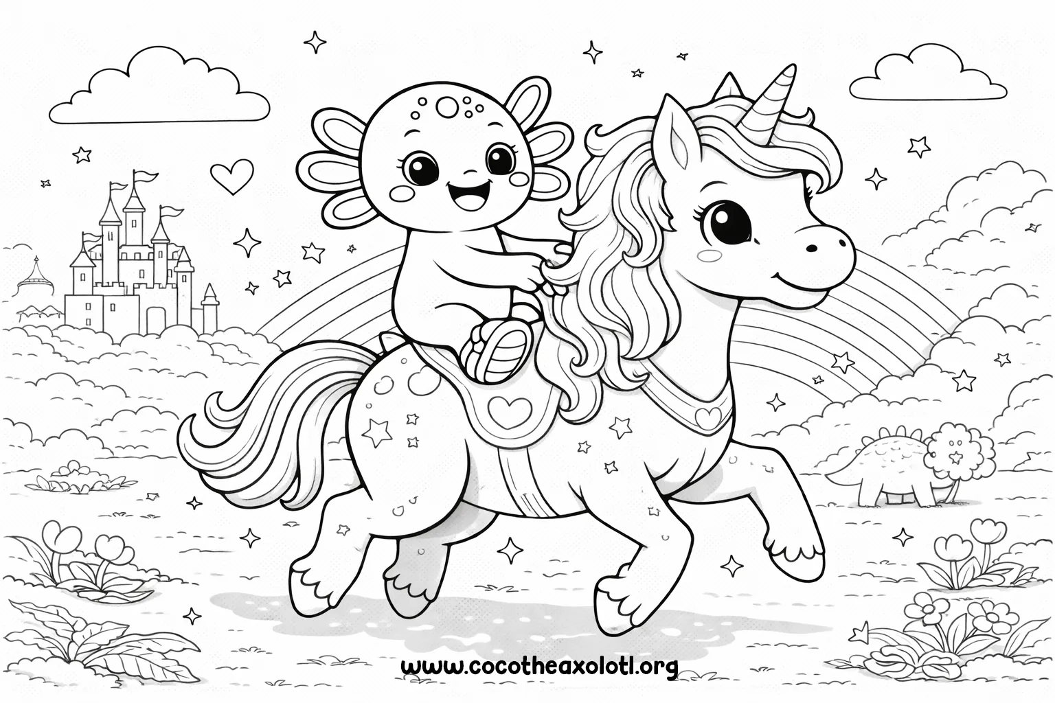 Desenho de unicórnio para colorir - Coco, o Axolotl, montando um unicórnio sob um arco-íris