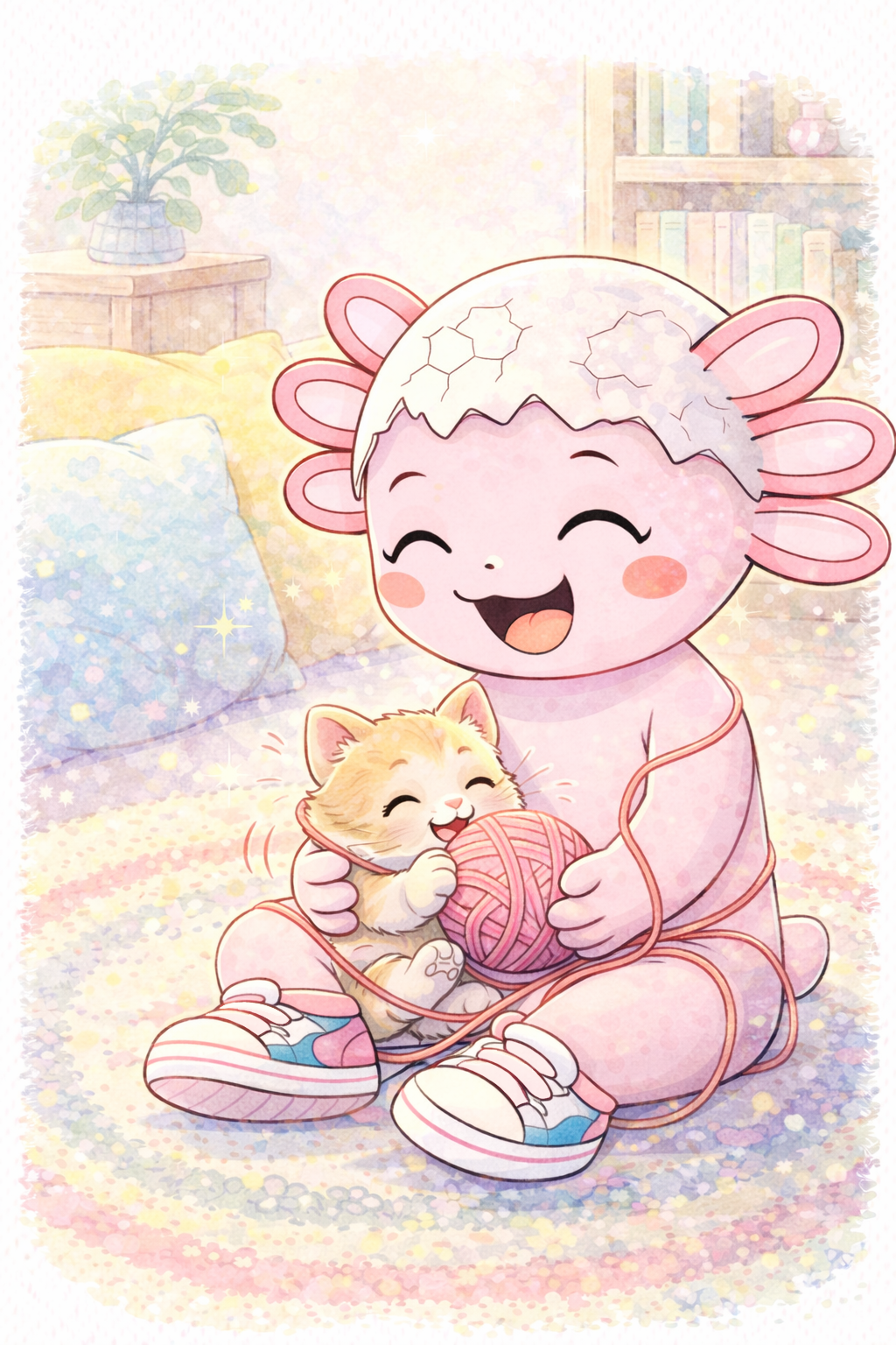 IlustraÃ§Ã£o original de gato - Coco abraÃ§ando um gatinho com lÃ£ em um quarto aconchegante