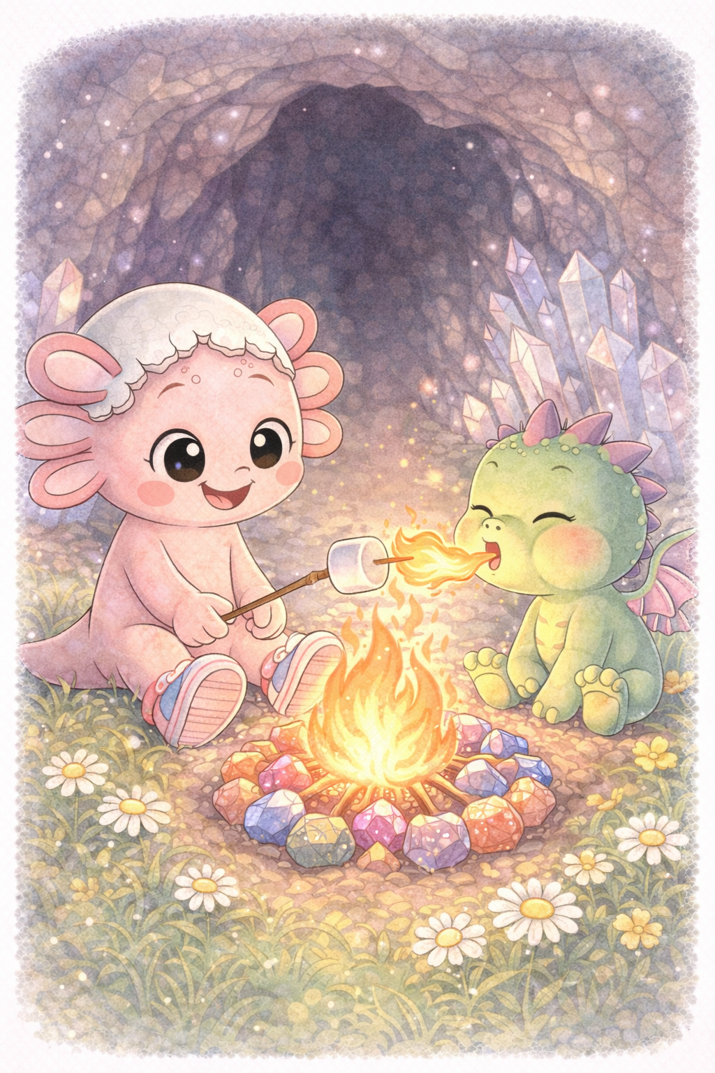 Illustrazione originale del drago: Coco e un cucciolo di drago arrostiscono marshmallow in una grotta di cristallo