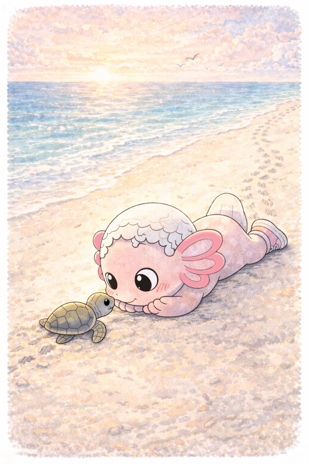 Illustrazione originale della tartaruga: Coco incontra un cucciolo di tartaruga marina su una spiaggia al tramonto