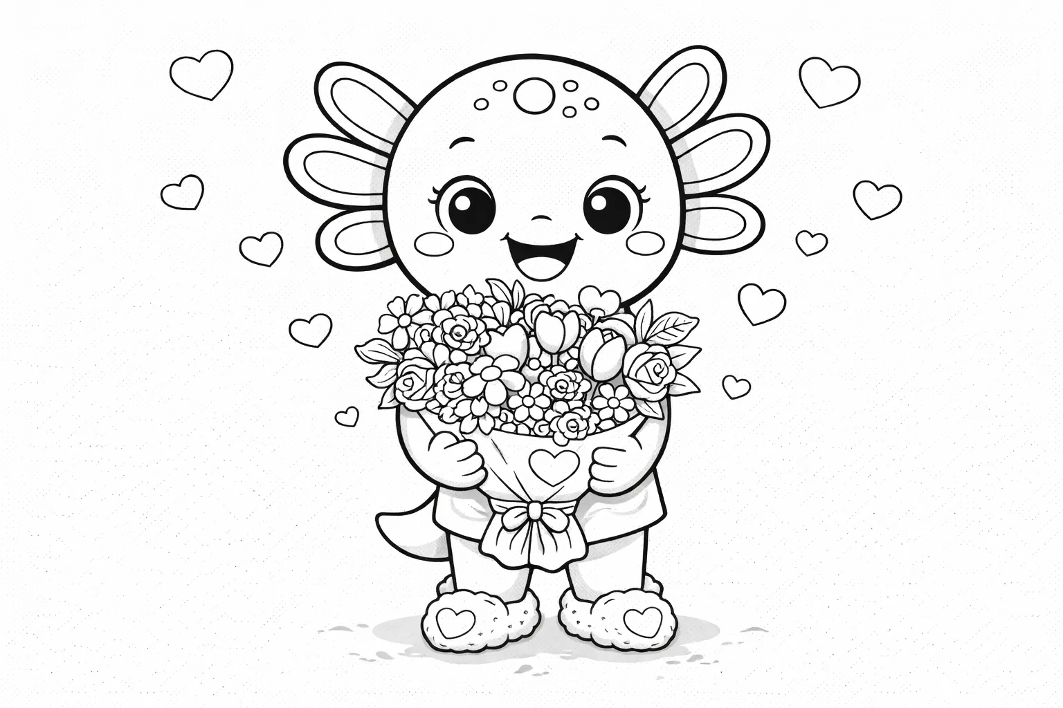 Desenho para colorir de Dia dos Namorados - Coco, o Axolotl, segurando um buquê de flores