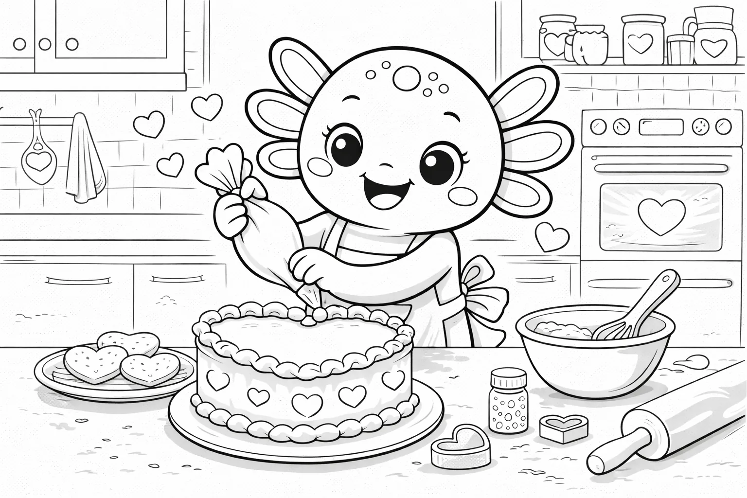 Desenho para colorir de Dia dos Namorados - Coco, o Axolotl, fazendo um bolo de coração com biscoitos