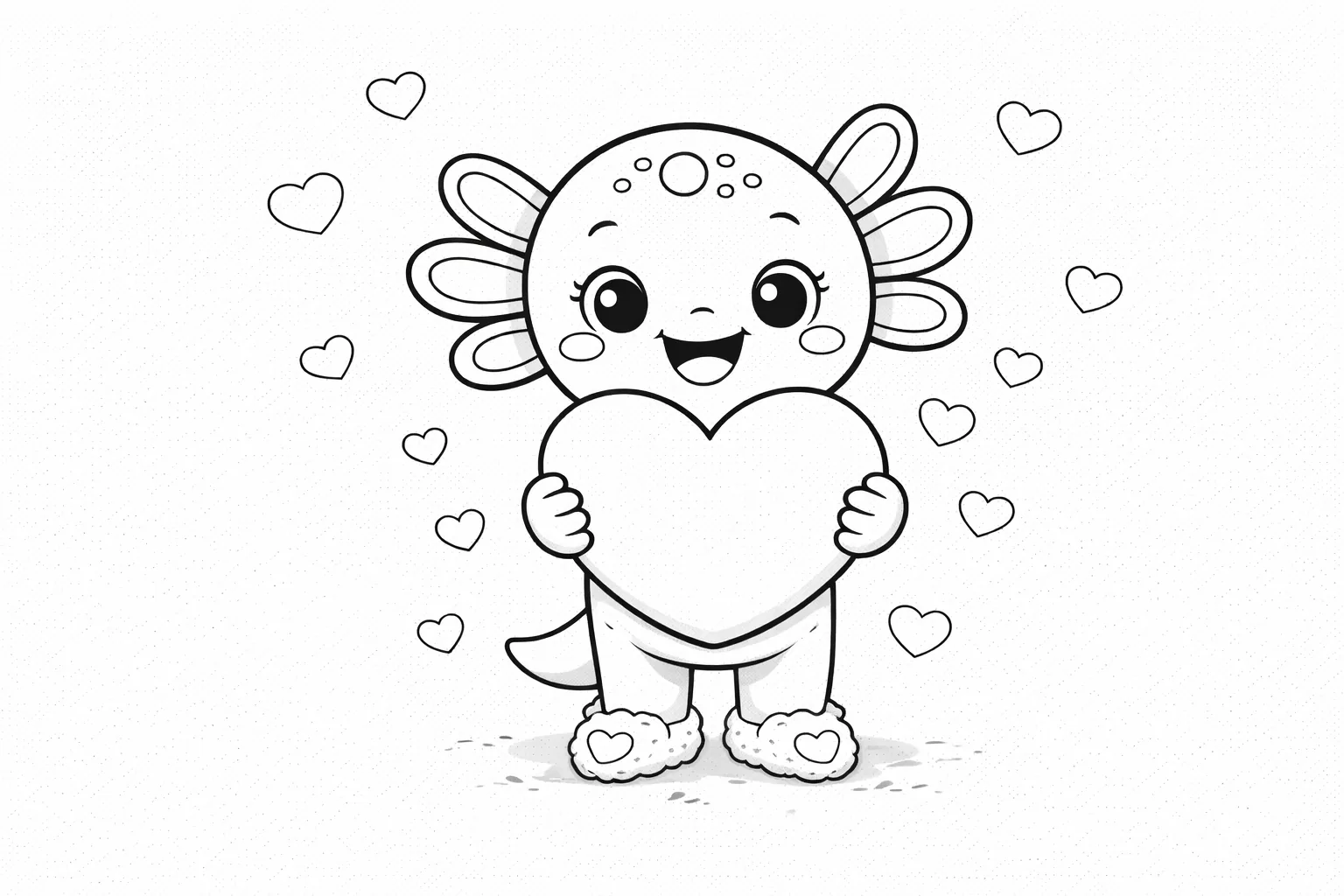 Desenho para colorir de Dia dos Namorados - Coco, o Axolotl, segurando um grande coração