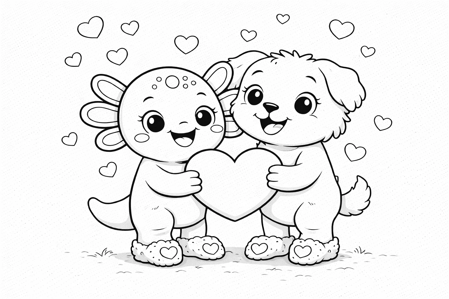 Desenho para colorir de Dia dos Namorados - Coco e um cachorrinho segurando um coração juntos