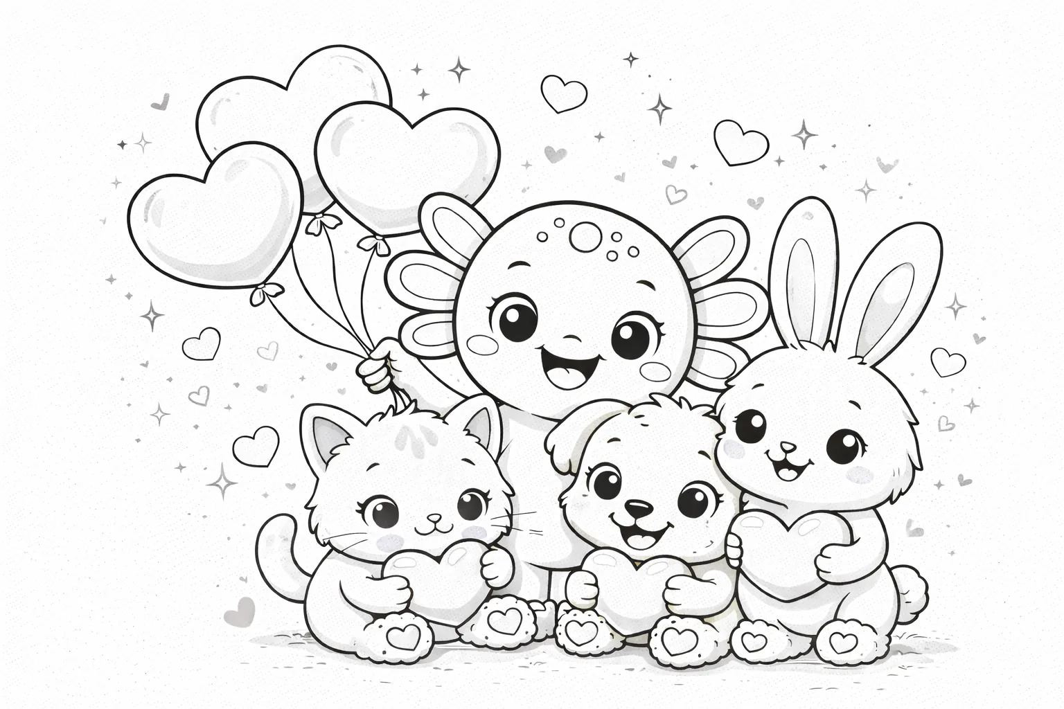 Página para colorir do Dia dos Namorados - Coco, o Axolotl, com amigos animais e um banner de Friends