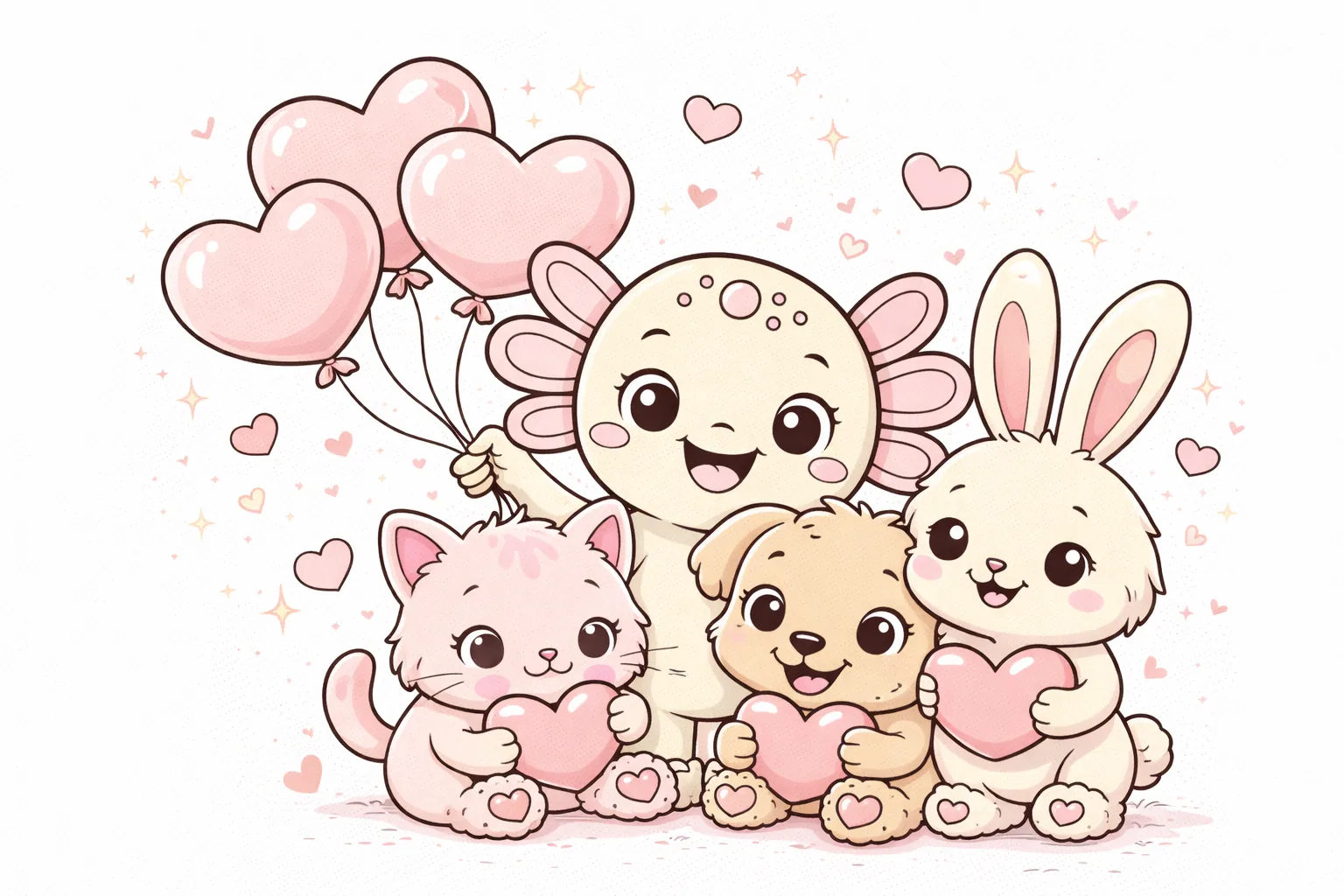 Amostra de página para colorir do Dia dos Namorados - Coco, o Axolotl com amigos, versão colorida