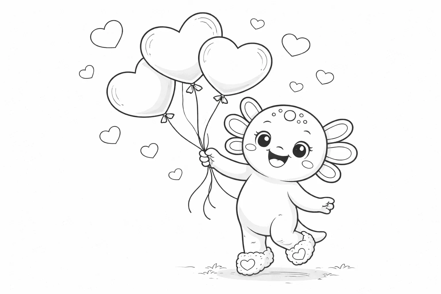 Desenho para colorir de Dia dos Namorados - Coco, o Axolotl, flutuando com balões de coração