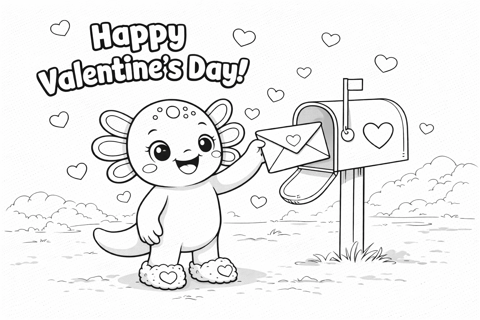 Desenho para colorir de Dia dos Namorados - Coco, o Axolotl, enviando um cartão de Dia dos Namorados em uma caixa de correio